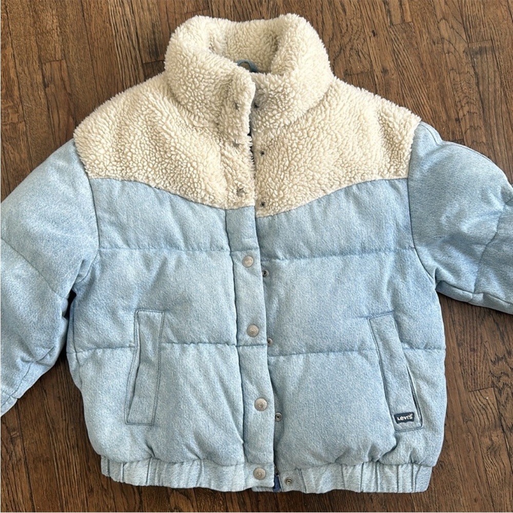 Levi’s Juno Western Down Crop Chambray Sherpa Puffer Light Denim Coat Sz XS - Picture 14 of 16